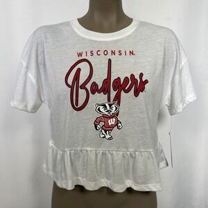 Wisconsin Badgers NCAA Football White Crop Top T-Shirt Juniors LARGE 10-12 NWT